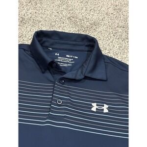 Under Armour Mens The Playoff Polo Navy Blue Striped Golf Shirt Small Loose Fit